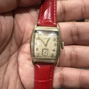 Working Vintage ELGIN‎ Mens Mechanical Watch 15 Jewels Red Leather 26mm Fit 7.5